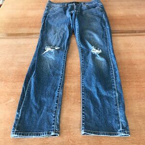 Uniqlo Skinny Straight Jeans Women 27 Blue Mid Rise Kaihara Fabric Distressed